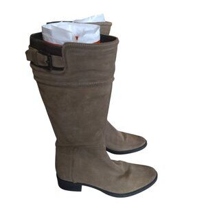 GEOX WOMEN'S SIZE 6 ZIP UP 15 INCH TALL TAN ZIP UP BUCKLE ACCENT BOOTS SUEDE